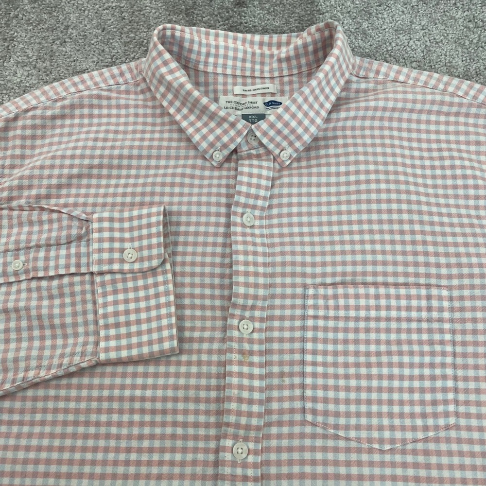 Old Navy Oxford Shirt Mens XXL Slim Button Down Gingham Blush Pink Blue